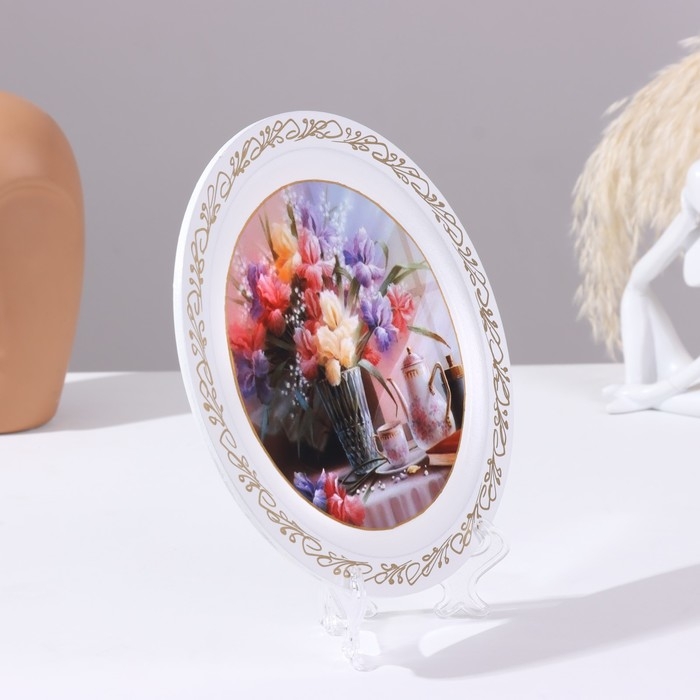 Панно-тарелка &laquo;Ирисы&raquo;, белая, D = 20 см, лаковая миниатюра