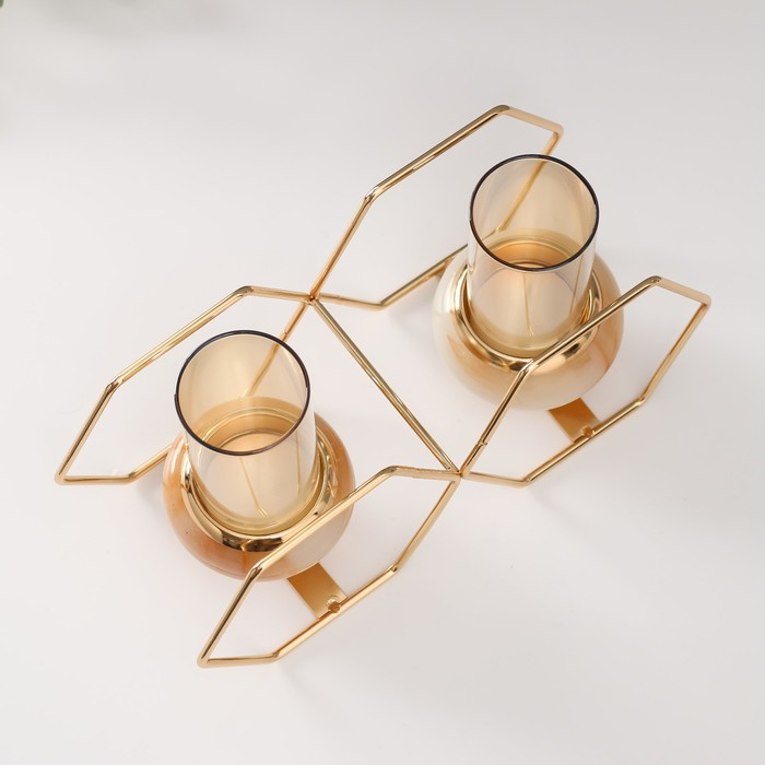 Подсвечник металл, стекло на 2 свечи Подсвечник металл, стекло на 2 свечи "Шестигранники" белый с золотом 15,5х26,5х10,5 см