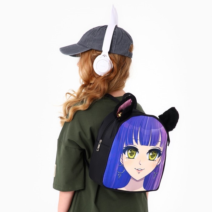 Рюкзак школьный текстильный с ушками на заколках &laquo;Аниме&raquo;, 27х23 см, чёрный/фиолетовый