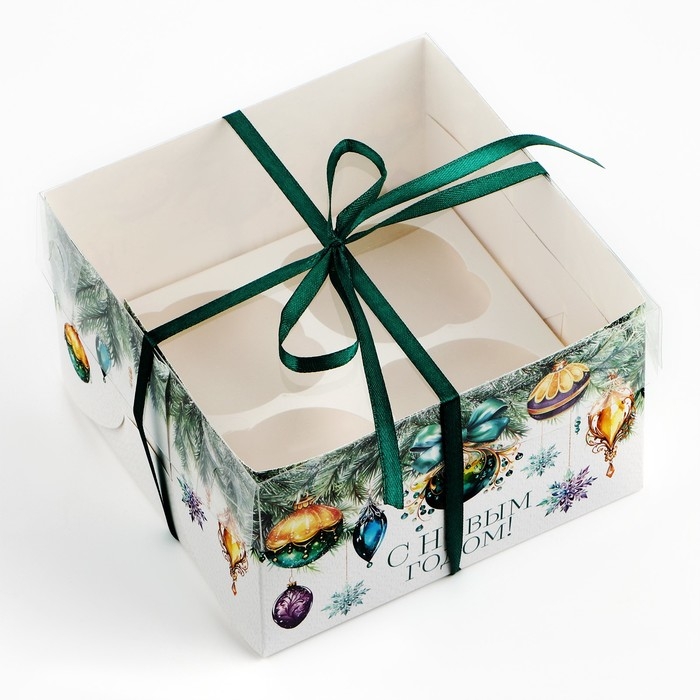 Коробка для капкейка &laquo;Еловые веточки&raquo;, 16 х 16 х 10 см, Новый год