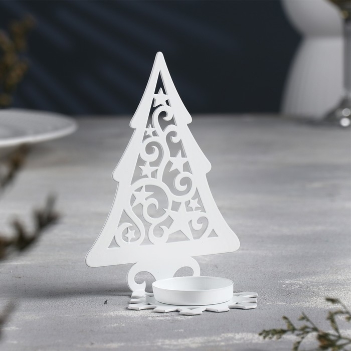 Новый год Подсвечник "Ёлка со звездами" металл на одну свечу, 6,6х10х13 см, белый