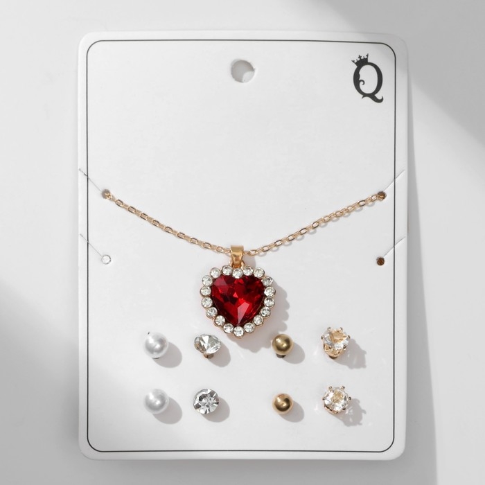 Гарнитур 5 предметов: 4 пары пусет, кулон &laquo;Сердечко&raquo;, цвет бело-красный в золоте, 40 см