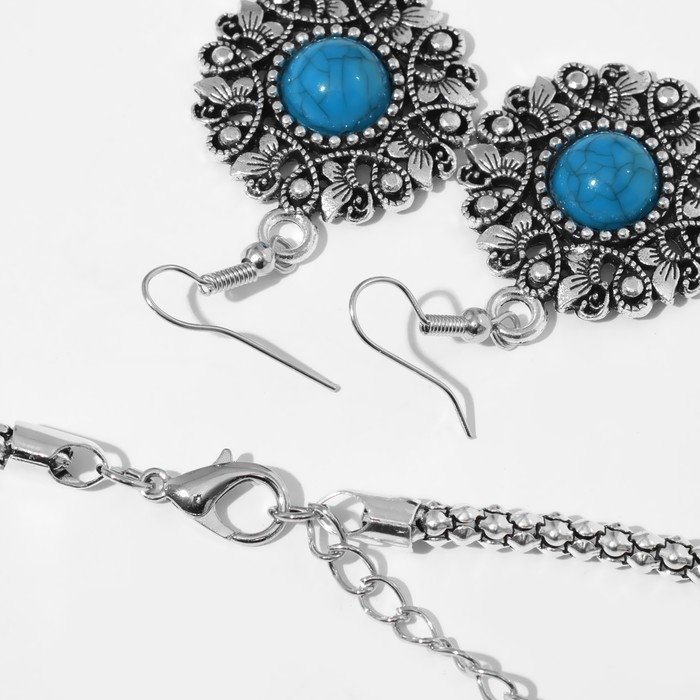 Набор 2 предмета: серьги, колье «Индия», цвет голубой в чернёном серебре, 32см Набор 2 предмета: серьги, колье «Индия», цвет голубой в чернёном серебре, 32см