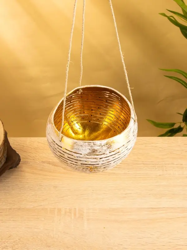 Подсвечник подвесной из кокоса, 12-15 см, золотисто-белый