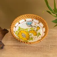 Тарелка керамическая с ротангом 13,5х13,5х3 см, МИКС