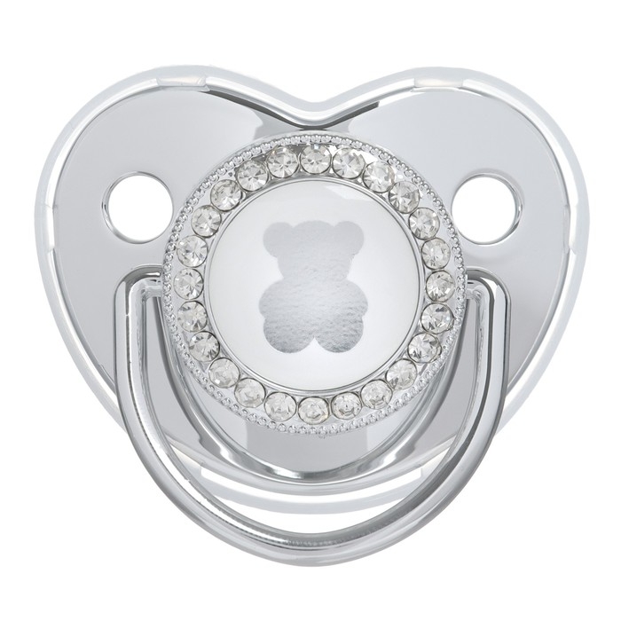 Соска - пустышка силиконовая ортодонтическая &laquo;Мишка&raquo;, от 6 мес., с колпачком + держатель - цепочка, цвет серебренный, стразы