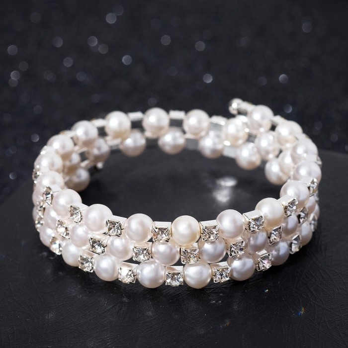 Браслет-пружинка &laquo;Жемчужинка&raquo; 3 ряда, шахматы, цвет белый, d=6,5см