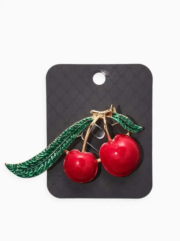 Брошь "Вишня с листиками", цвет красно-зелёный в золоте