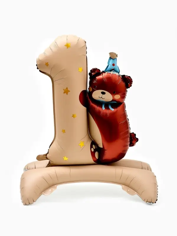 Воздушный шар фольгированный 32" "Цифра 1 с мишкой"  цвет бежевый, под воздух