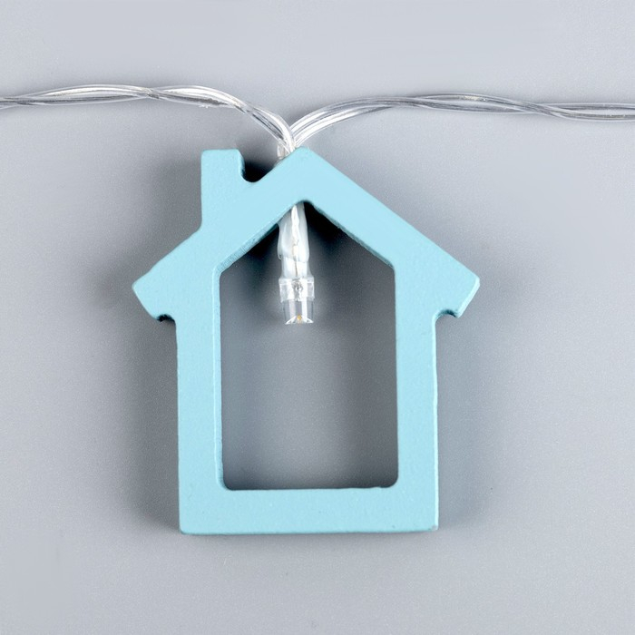 Гирлянда &laquo;Нить&raquo; 1.5 м с насадками &laquo;Дом синий&raquo;, IP20, прозрачная нить, 10 LED, батарейки AAх2 (нет в комплекте), свечение тёплое белое