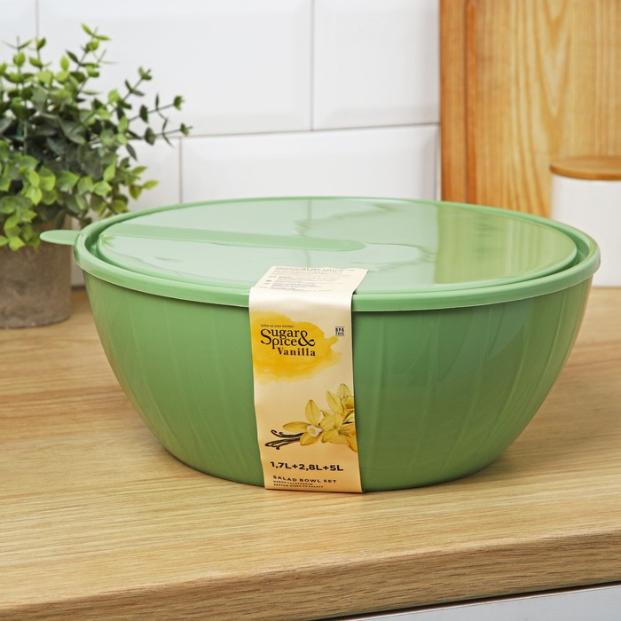 Набор пластиковых салатников с крышками &laquo;Bono&raquo;, 3 шт: 5 л, 2,8 л, 1,7 л, цвет микс