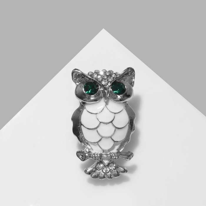 Брошь &laquo;Сова&raquo;, цвет зелёно-белый в серебре