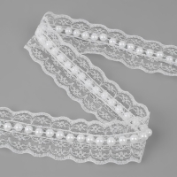 Рюш кружевной, с бусинами, 35 мм, 4,5 &plusmn; 0,5 м, цвет белый