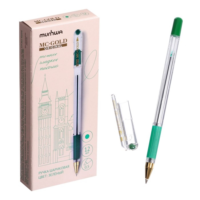Ручка шариковая MunHwa MC Gold, стержень зеленый, узел 0.5 мм, грип Ручка шариковая MunHwa MC Gold, стержень зеленый, узел 0.5 мм, грип