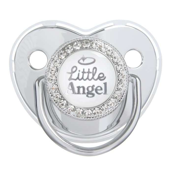 Соска - пустышка силиконовая ортодонтическая &laquo;LITTLE ANGEL&raquo;, от 6 мес., с колпачком + держатель - цепочка, цвет серебренный, стразы