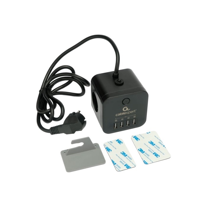 Сетевой фильтр Cablexpert Cube CUBE-3-U4-B-1.5, 3р, 10А, 4хUSB, 1.5м, ур.защиты 4+, черный