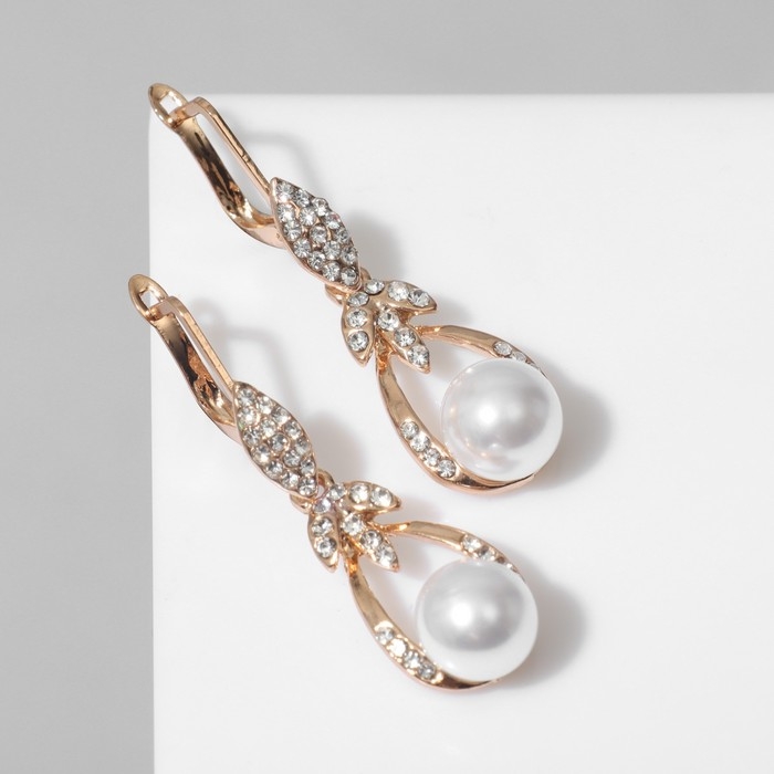 Серьги с жемчугом &laquo;Грейс&raquo; листья и линии, цвет белый в золоте