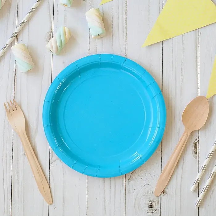 Тарелка одноразовая бумажная однотонная, голубая, 18 см
