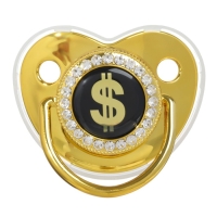 Соска - пустышка силиконовая ортодонтическая «Доллар», от 12 мес., с колпачком, цвет золотой/черный, стразы Соска - пустышка силиконовая ортодонтическая «Доллар», от 12 мес., с колпачком, цвет золотой/черный, стразы