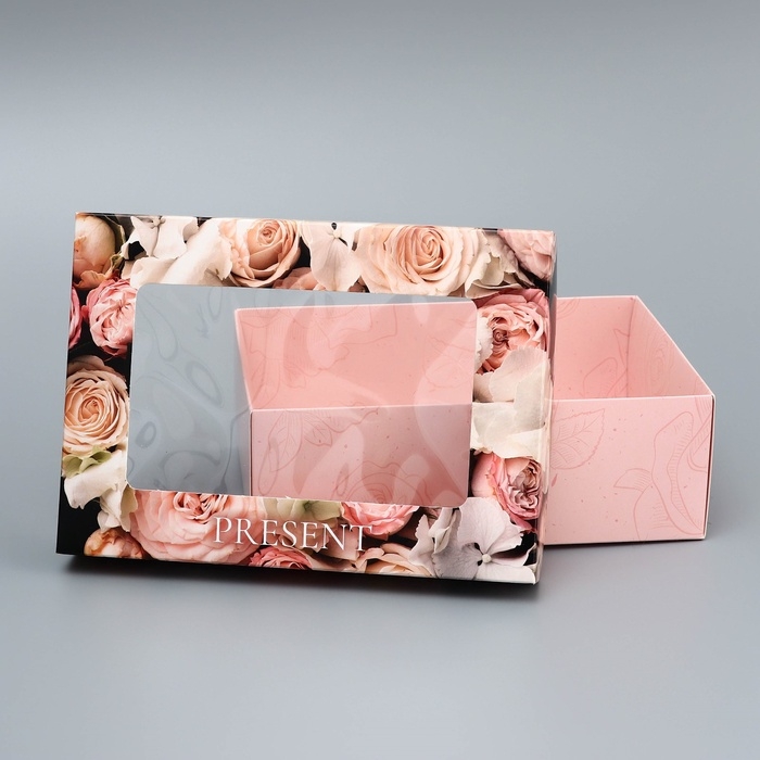 Коробка складная, крышка-дно, Коробка складная, крышка-дно, "Present", 21 х 15 х 7 см с окном