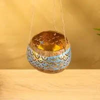 Подсвечник подвесной из кокоса, 9-12 см, золотисто-голубой