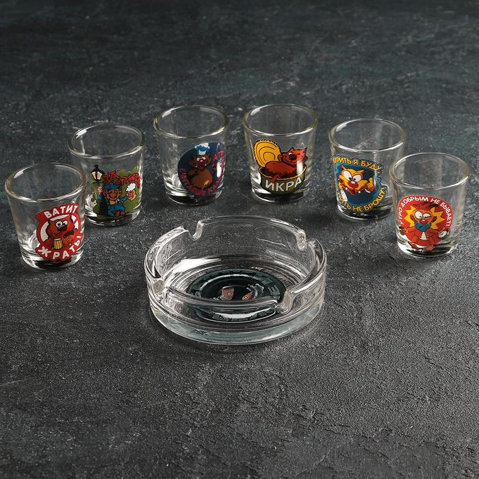 Набор подарочный &laquo;Приколы&raquo;, стеклянный, 6 стопок 50 мл, пепельница, рисунок микс