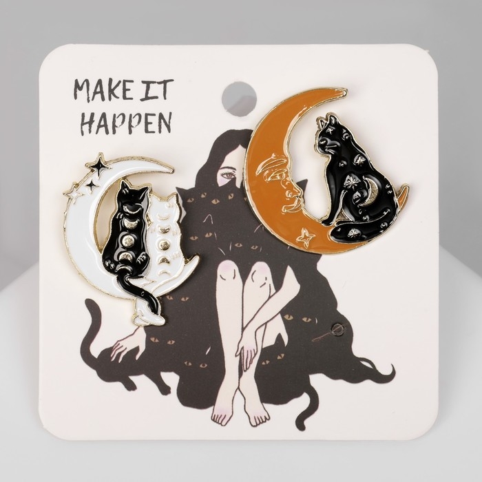 Набор значков (2 шт.) &laquo;Коты на Луне&raquo;, цветной в золоте