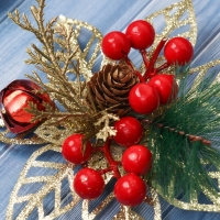 Украшение ёлочное "Праздничные цветы" (набор 2 шт) ягоды, 12 см, золото