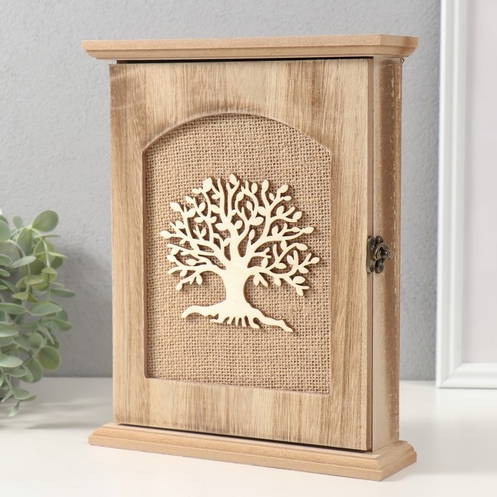 Ключница дерево 6 крючков "Древо жизни" мешковина 26,5х20,5х6 см