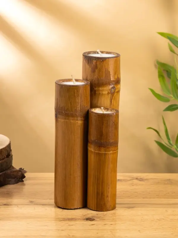 Свеча в бамбуке тройная, 14&times;15&times;30 см, 100 мл, бежевая