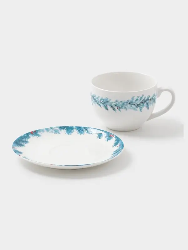 Чайная пара новогодняя &laquo;Зимний вечер&raquo;, 2 предмета: чашка 210 мл, блюдце d=15 см, фарфор, белая