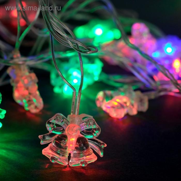 Гирлянда &laquo;Нить&raquo; 5 м с насадками &laquo;Два колокольчика&raquo;, IP20, прозрачная нить, 20 LED, свечение мульти (RG/RB), мигание, 220 В