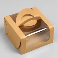 Коробка под бенто-торт с окном, крафт, 14 х 14 х 8 см