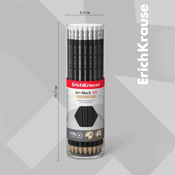 Карандаш чернографитный с ластиком Erich Krause &laquo;Jet Black 101&raquo;, HB, грифель d=2.2 мм, дерево, шестигранный в тубусе, чёрный корпус