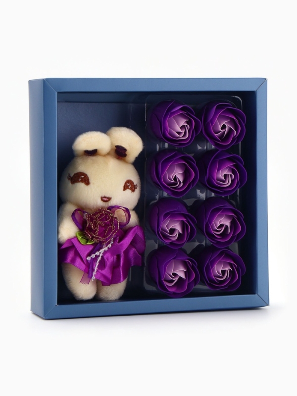 Набор мыльных роз в коробке 8 штук, фиолетово-белые с зайчиком