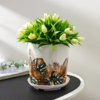 Горшок для цветов с поддоном Доляна &laquo;Голди. Листья&raquo;, 1,6 л, d=14 см, h=15,5 см, пластиковый, цвет белый