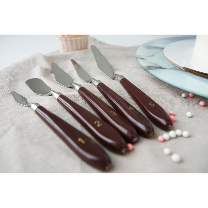 Лопатки - мастихины кондитерские Доляна, 22&times;2&times;1,5 см, набор 5 шт, нержавеющая сталь, деревянная ручка, коричневый
