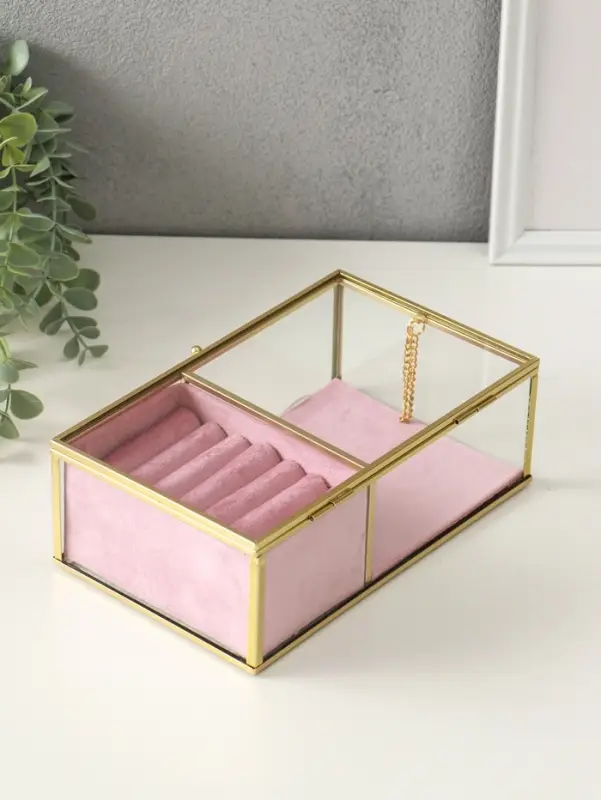 Шкатулка стекло с металлическим каркасом "Розовая" 2 отделения 22х14,5х7,5