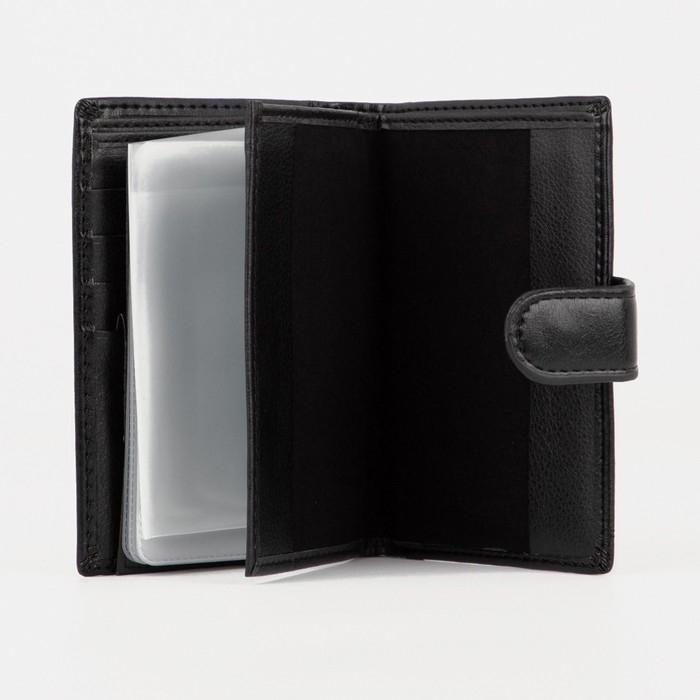 Портмоне мужское на кнопке, 3 в 1, для автодокументов и паспорта, 2 отдела, для карт, для монет, цвет чёрный
