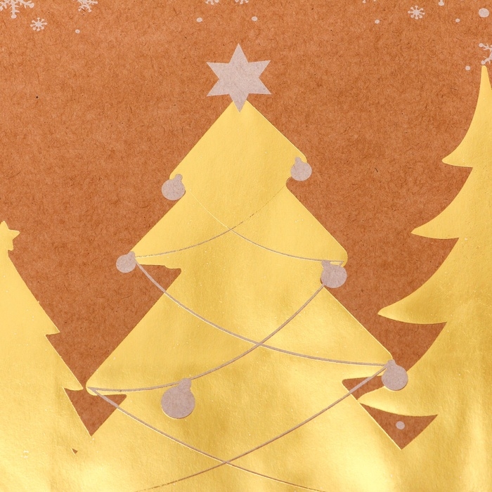 Пакет крафт с золотым тиснением, круглая ручка, Пакет крафт с золотым тиснением, круглая ручка, "Рожденственский лес" 33 х 25 х 12 см, 120 г 10574