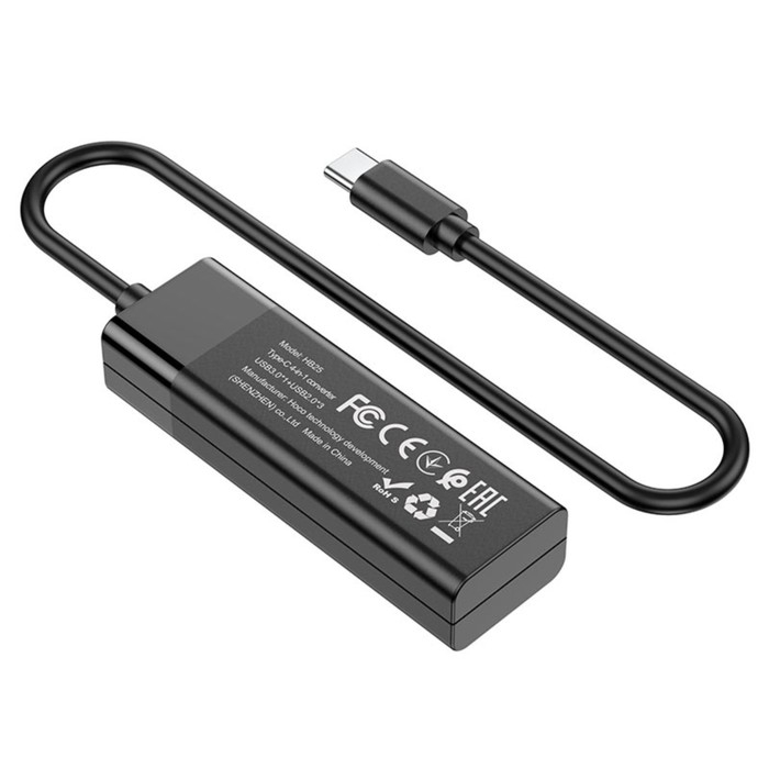 Адаптер Hoco HB25, 4 в 1, Type-C to USB3.0/USB2.0*3, длина кабеля 30 см, чёрный Адаптер Hoco HB25, 4 в 1, Type-C to USB3.0/USB2.0*3, длина кабеля 30 см, чёрный