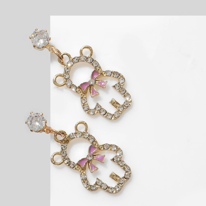 Серьги со стразами «Мишки» контур, цвет сиренево-белый в золоте Серьги со стразами «Мишки» контур, цвет сиренево-белый в золоте
