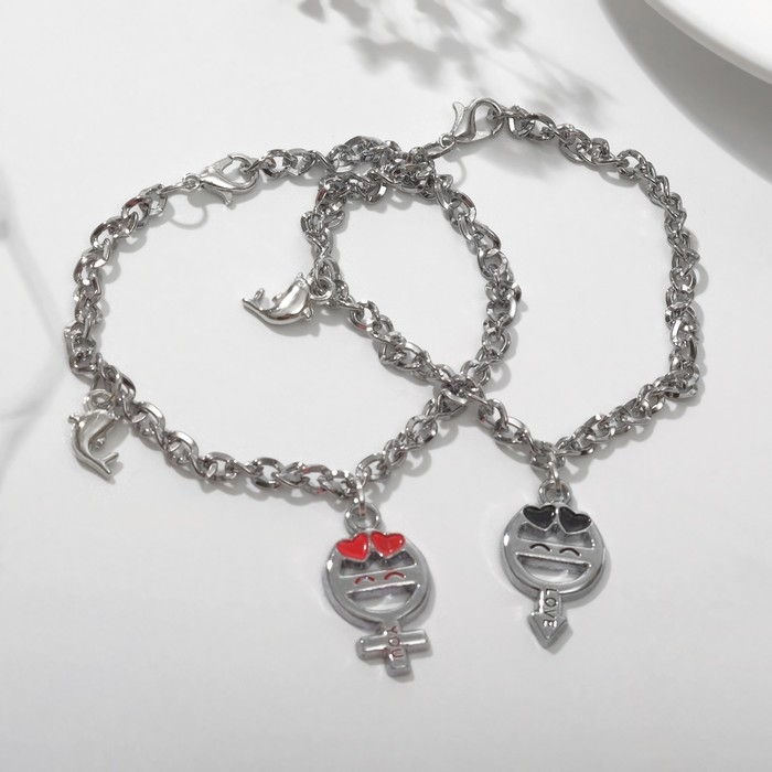 Браслеты &laquo;Неразлучники&raquo; мужское женское с дельфинами, цвет чёрно-красный в серебре, 17 размер