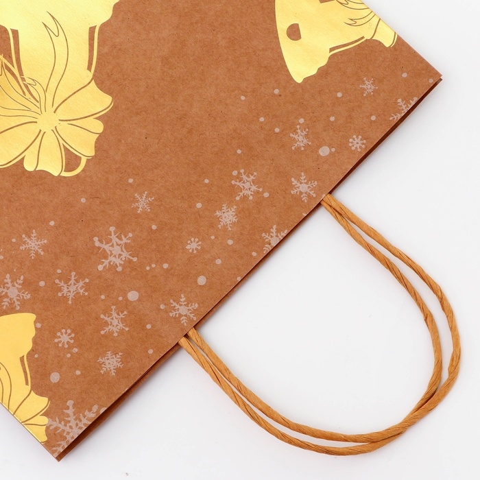 Пакет крафт с золотым тиснением, круглая ручка, Пакет крафт с золотым тиснением, круглая ручка, "Колокольчик" 33 х 25 х 12 см, 120 г