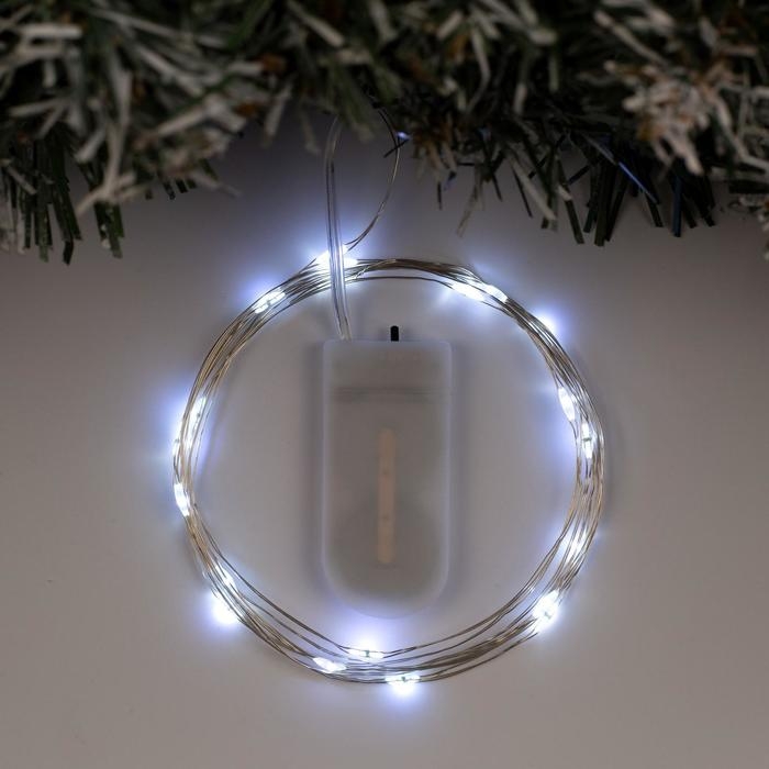 Гирлянда &laquo;Нить&raquo; 2 м роса, IP20, серебристая нить, 20 LED, батарейки CR2032х2 (в комплекте), свечение белое