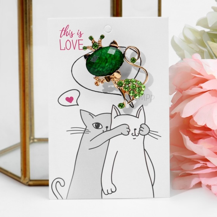 Брошь &laquo;Кошечка&raquo; в короне, цвет зелёный в золоте