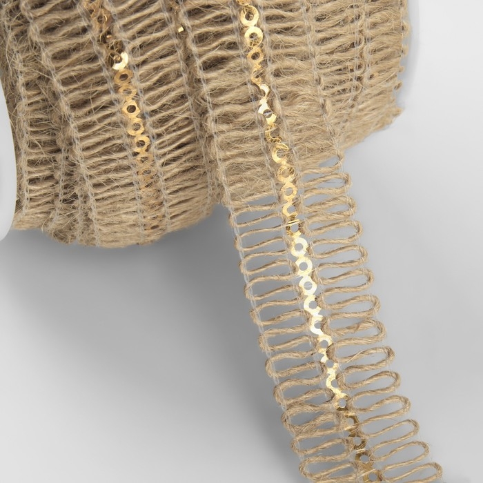 Тесьма декоративная холщовая с пайетками, 20 мм, 10 &plusmn; 0,5 м, цвет бежевый