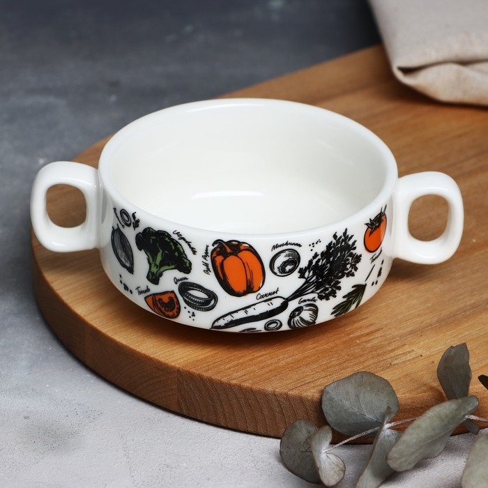 Супница с ручками керамическая &laquo;Овощи&raquo;, 10.5 х 5 см, 220 мл, цвет белый