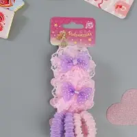 Резинка для волос &laquo;Кружево&raquo;, банты, набор 6 шт., розово-сиреневая