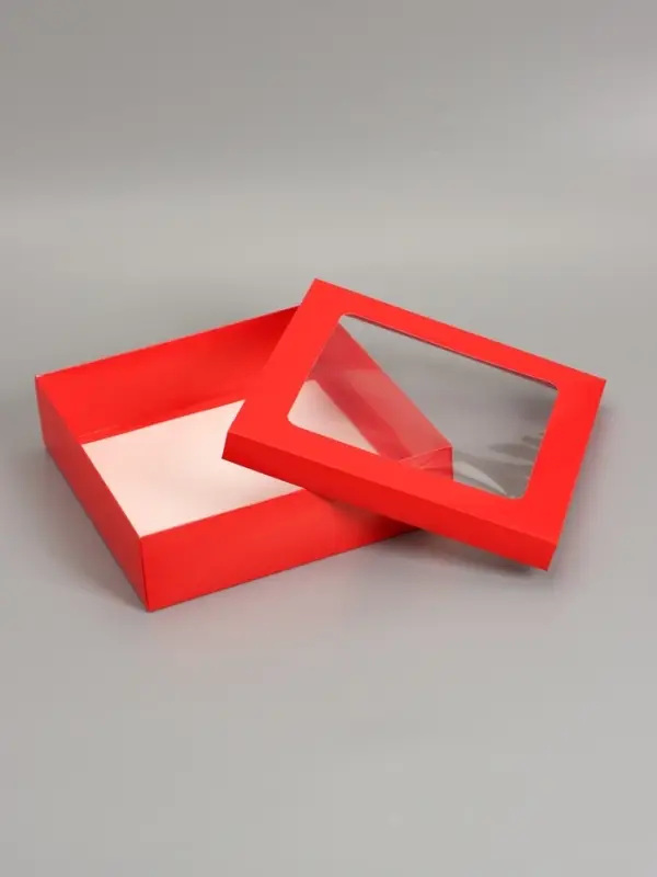 Коробка складная, крышка-дно, красная, с окном 30 х 30 х 8 см